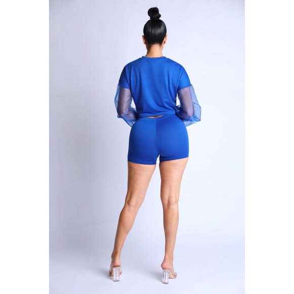 Women's Casual Crew Neck Organza Puff Sleeve Top & Elastic Waist Shorts 2Pcs Set - Picture 5 of 9